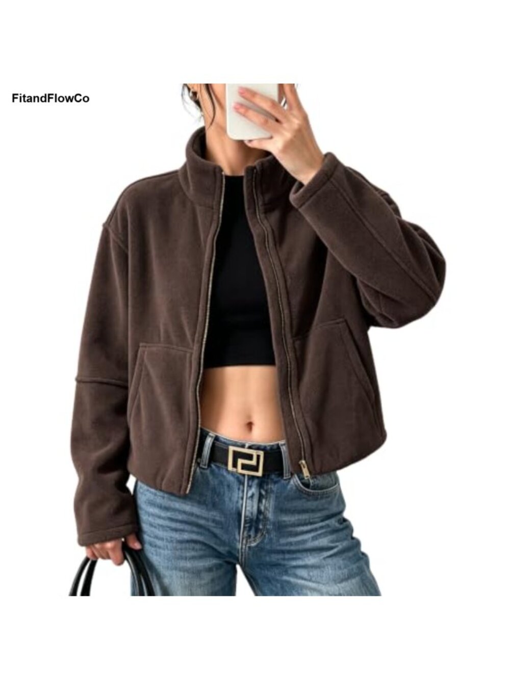 Fleece Sherpa Cropped Zip-Up Jacket Stand Collar Loose Fit Warm Layer